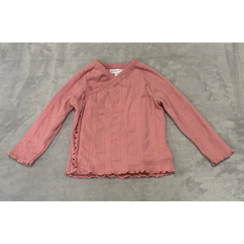 Ralph Lauren Baby Girl Pink Pointelle Wrap Top Side Snap Ruffle 9M Long Sleeve